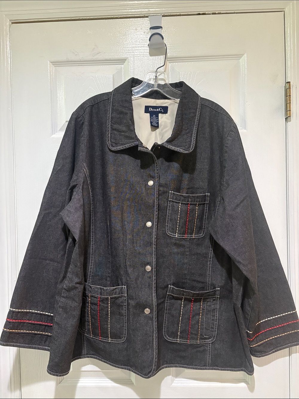 Denim&Co Black Denim Button-Front Jacket with Red Stitching